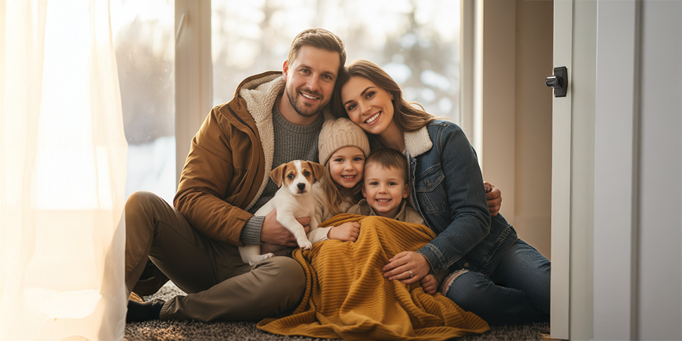 familia en una casa invierno